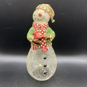 Snowman Figurine Glass Resin Wearing Sweater w/ Bird Winter Christmas Decor 6.5"